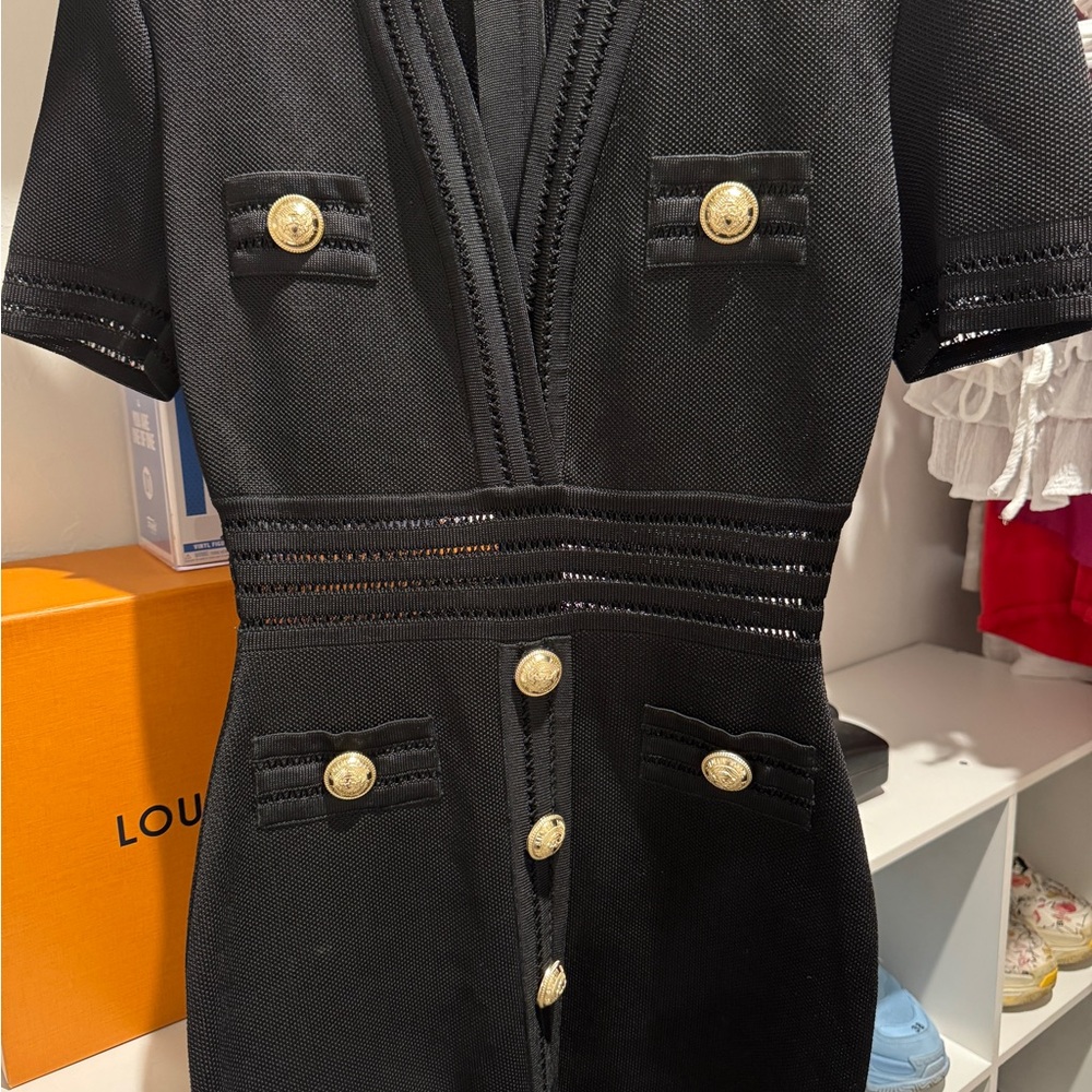 Balmain Black Midi Dress with Gold Accents